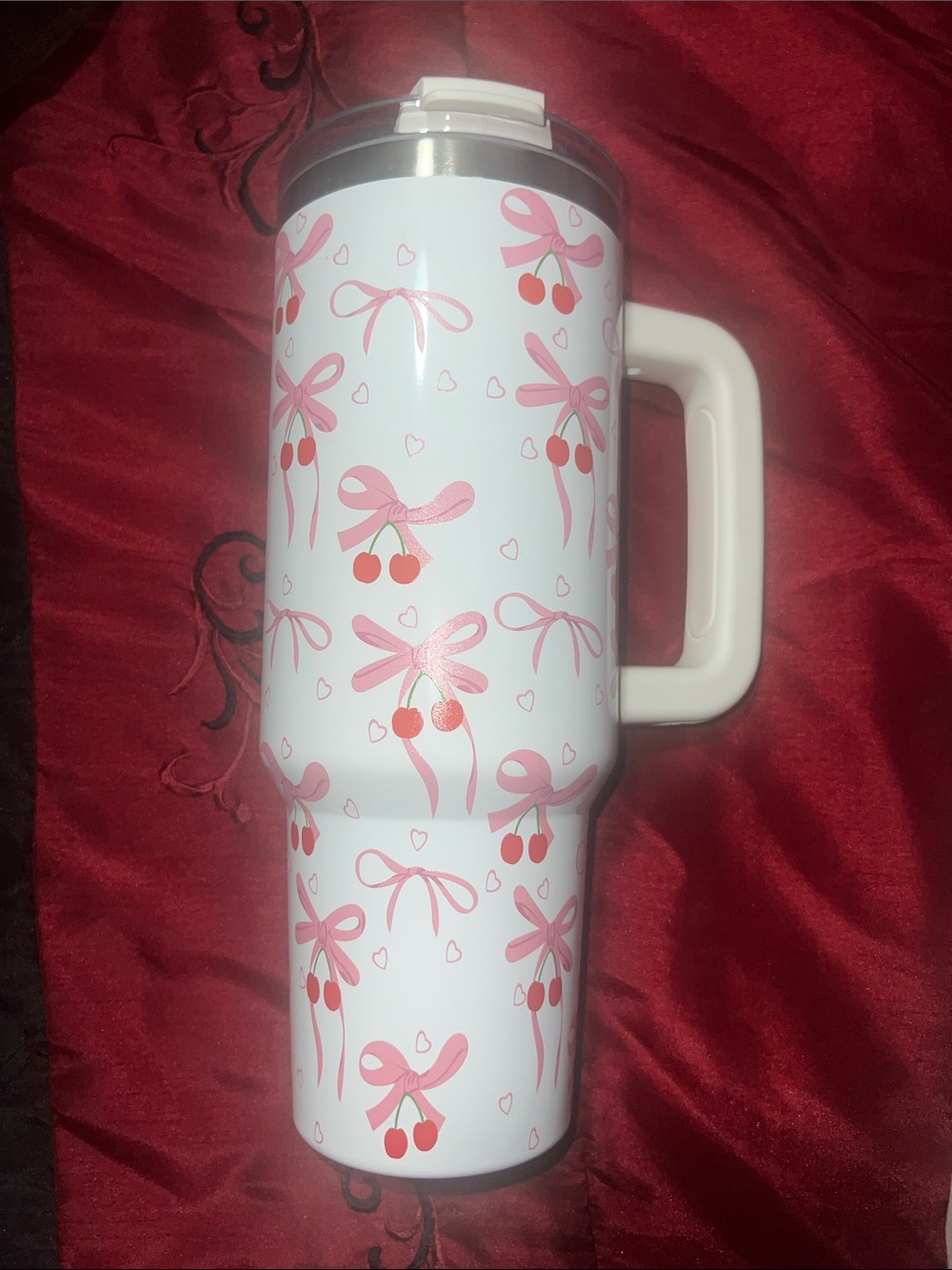 Cherry Bow Travel Tumbler - White & Pink